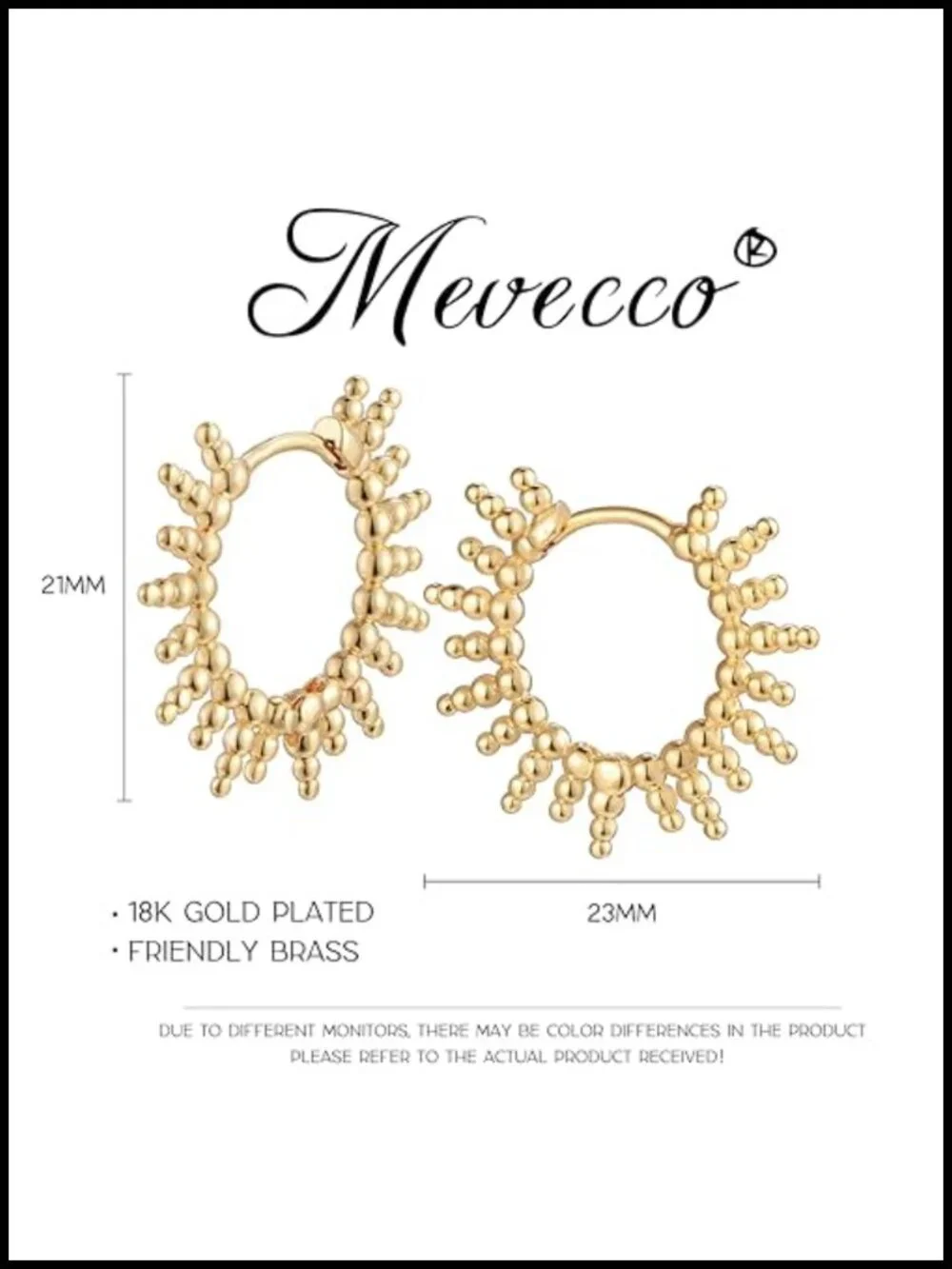 18K Gold Plated Hoop Earrings with Spike Bead Drop Design, Hinged Closure, 25mm